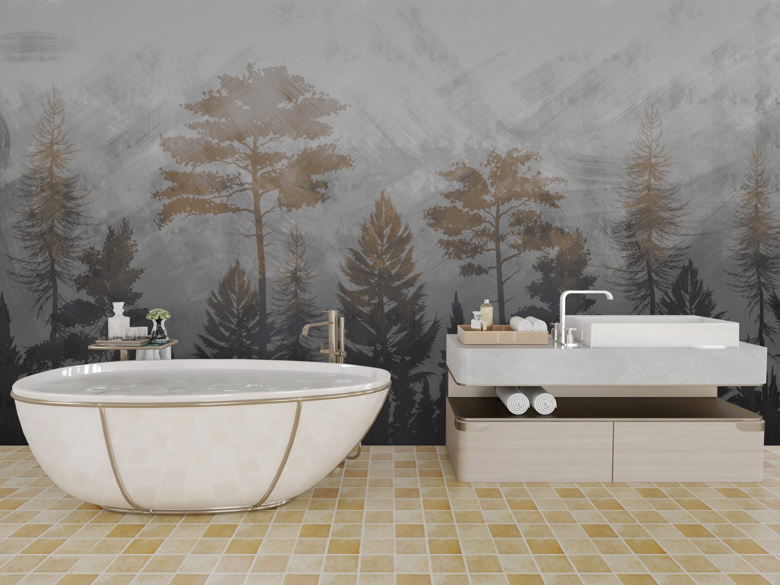 Fotobehang de zon schijnt door de mist van het bos