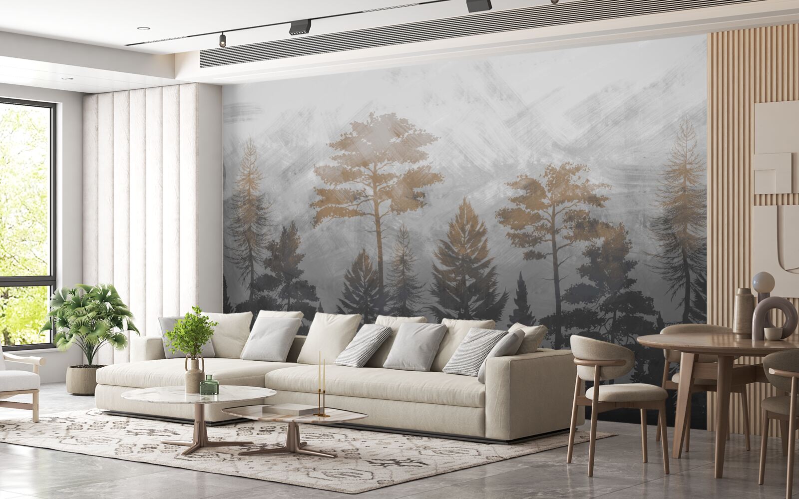 Fotobehang de zon schijnt door de mist van het bos