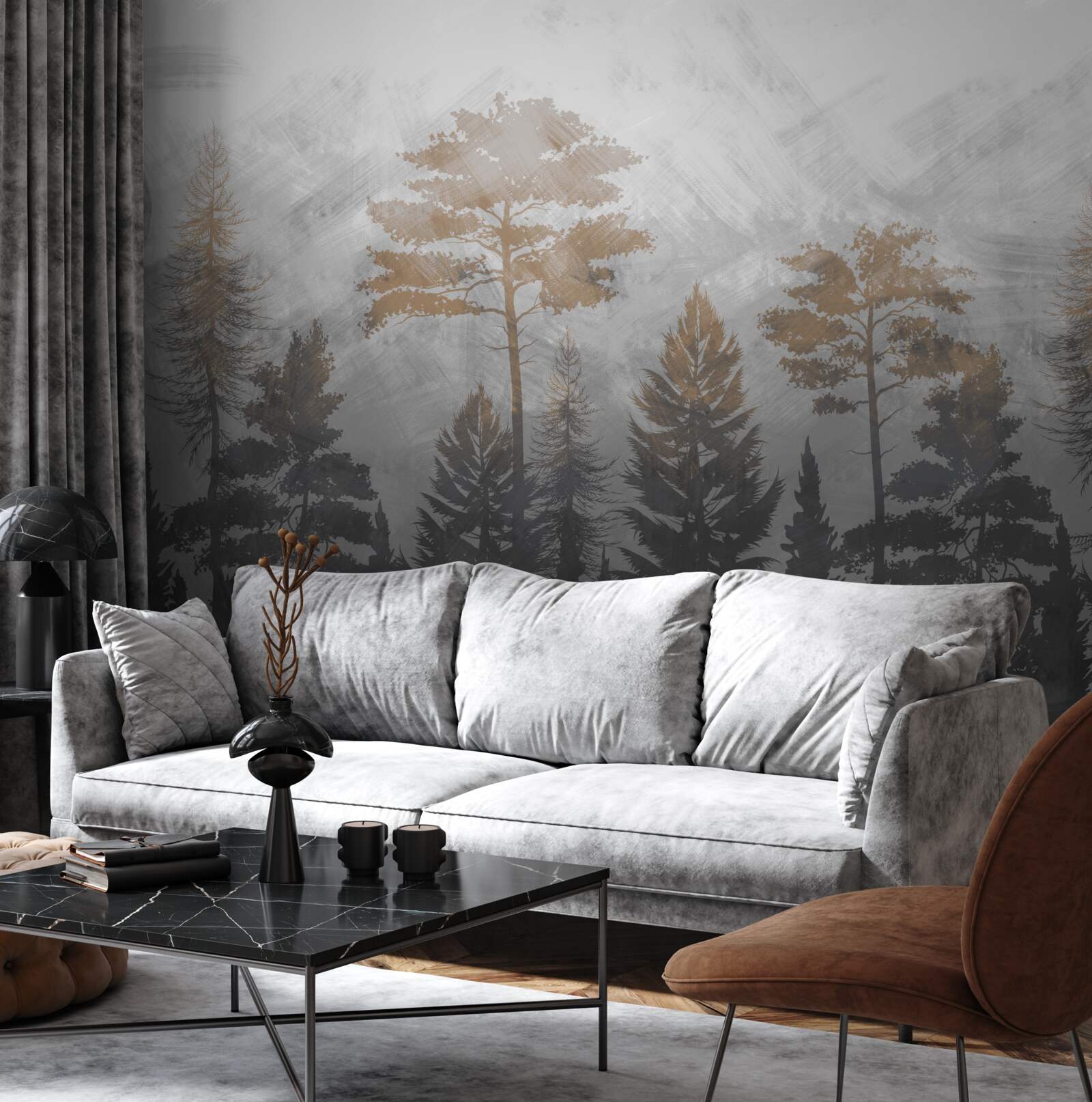 Fotobehang de zon schijnt door de mist van het bos