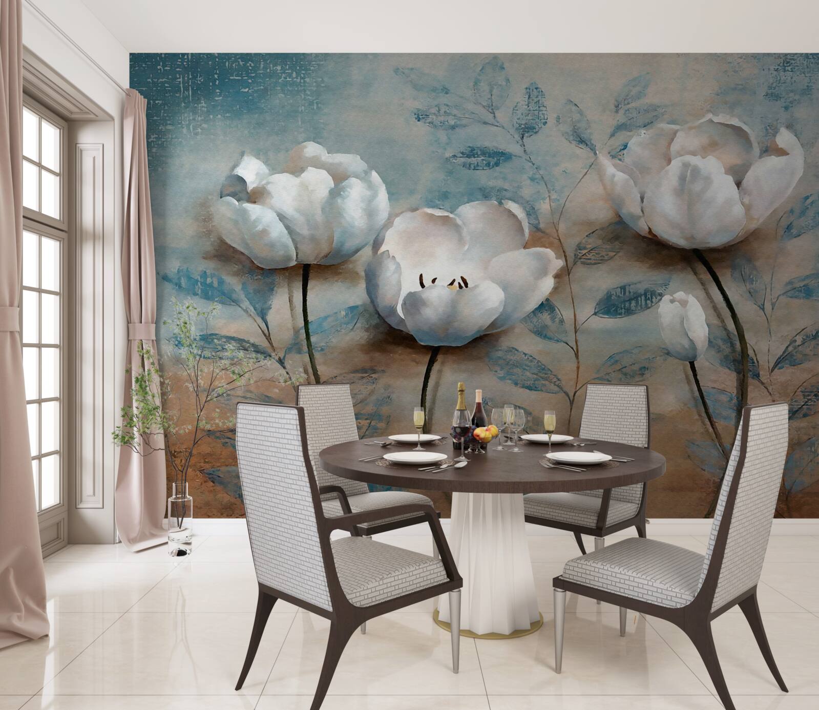 Fotobehang schets met scharlakenrode knoppen