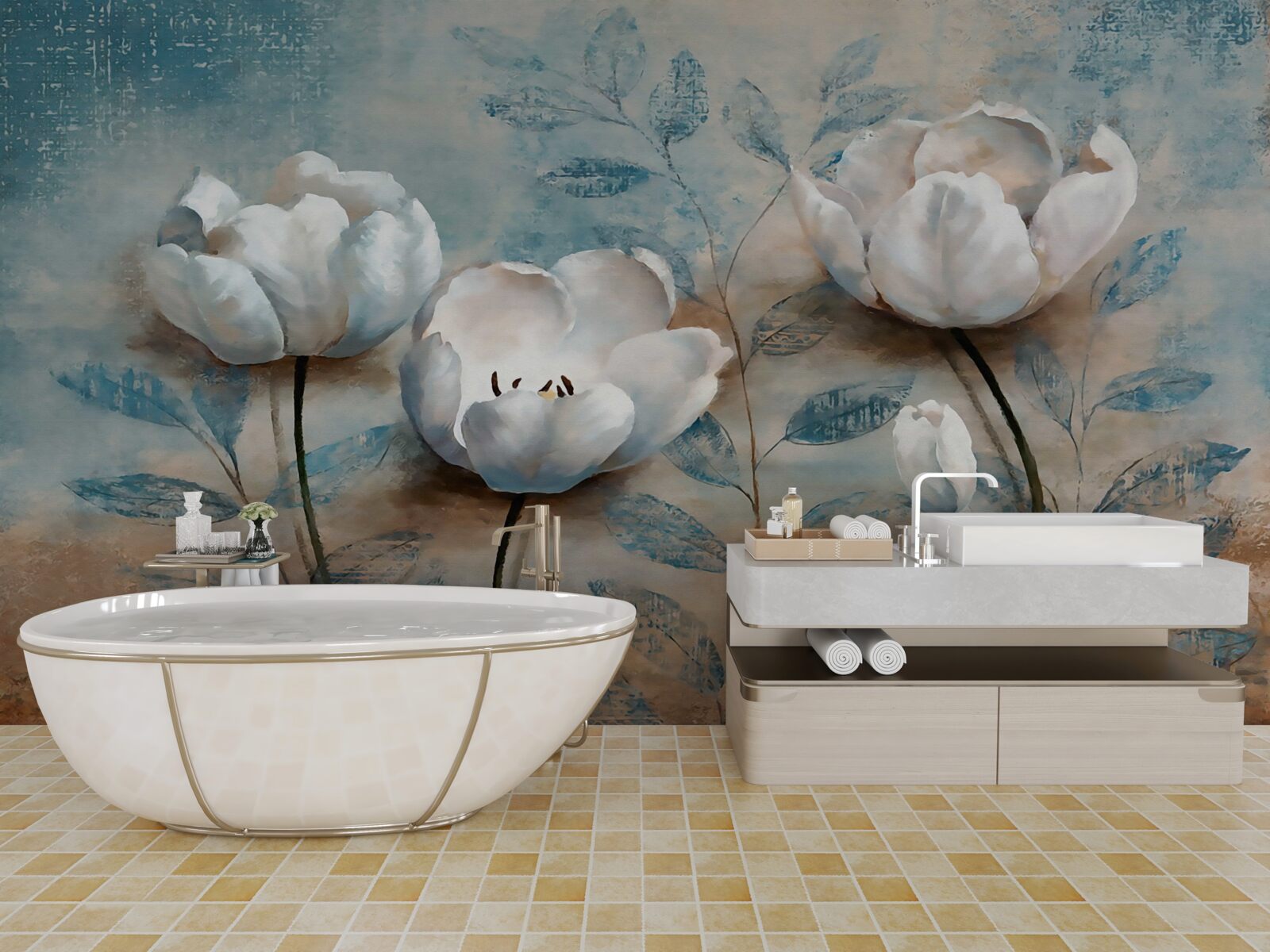 Fotobehang schets met scharlakenrode knoppen