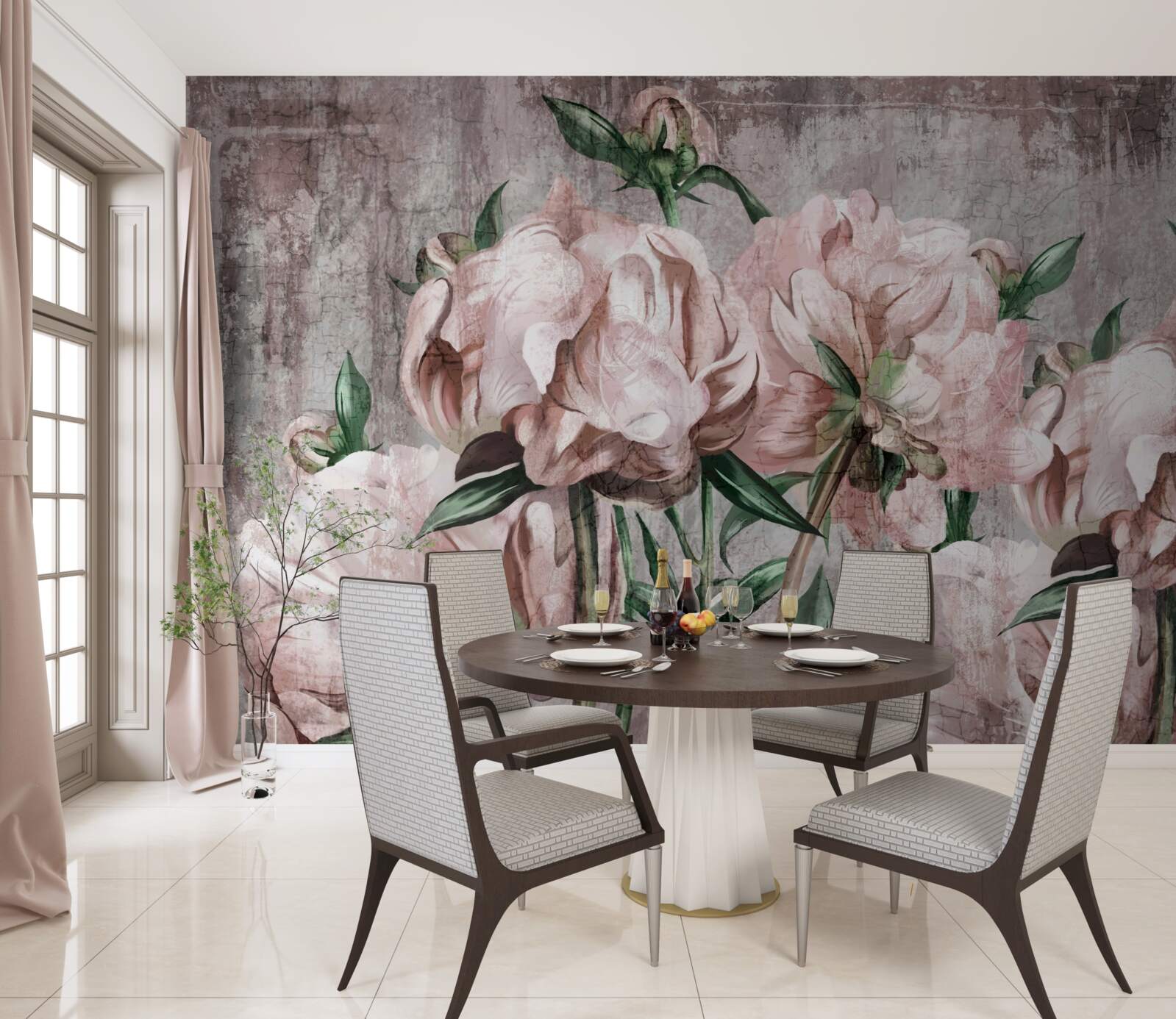 Fotobehang de betonnen muur is versierd met pastelkleurige rozen