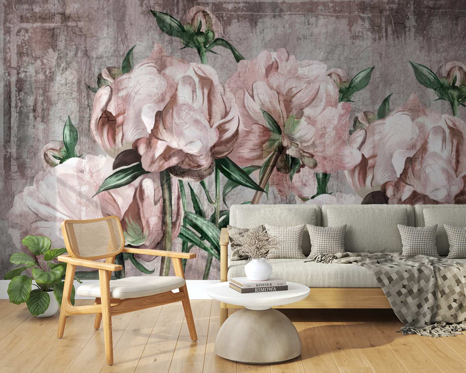 Fotobehang de betonnen muur is versierd met pastelkleurige rozen