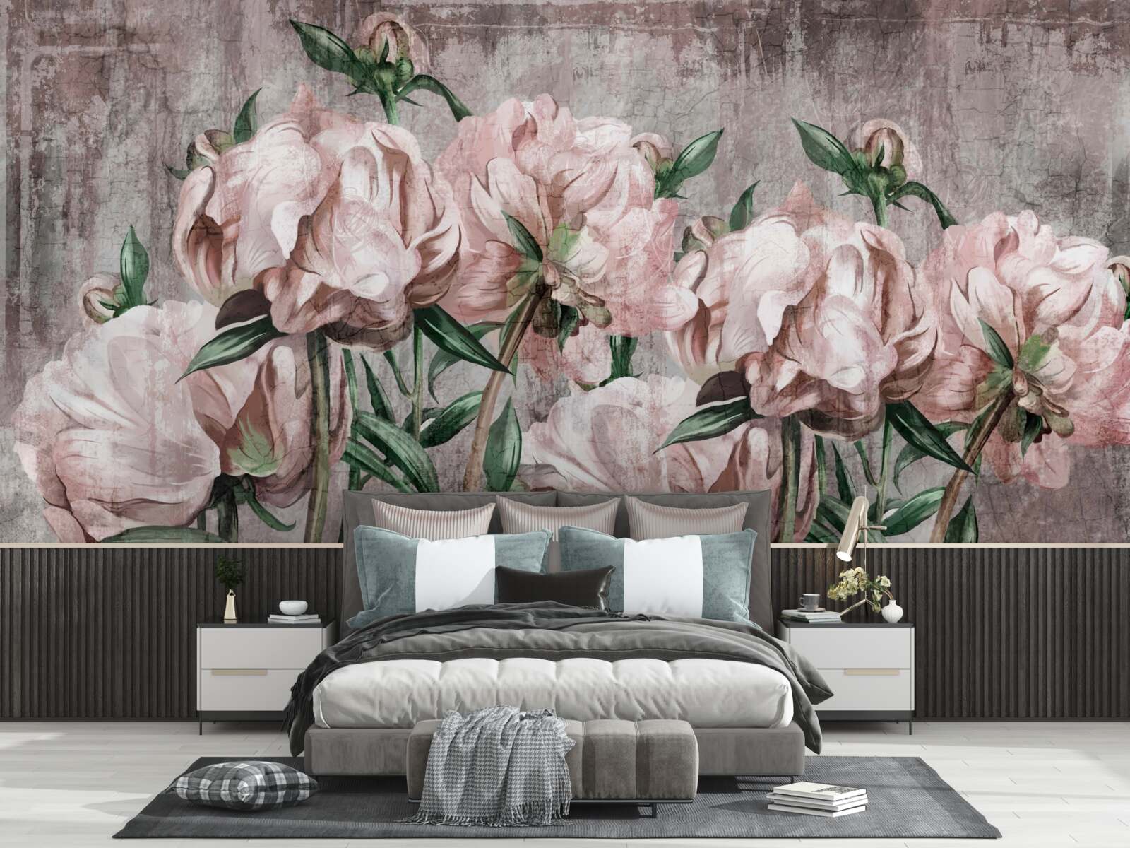 Fotobehang de betonnen muur is versierd met pastelkleurige rozen