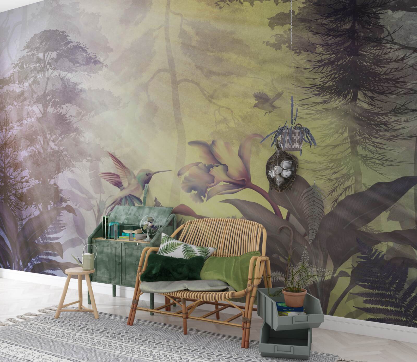 Fotobehang een bos loofbomen onder zonnestralen