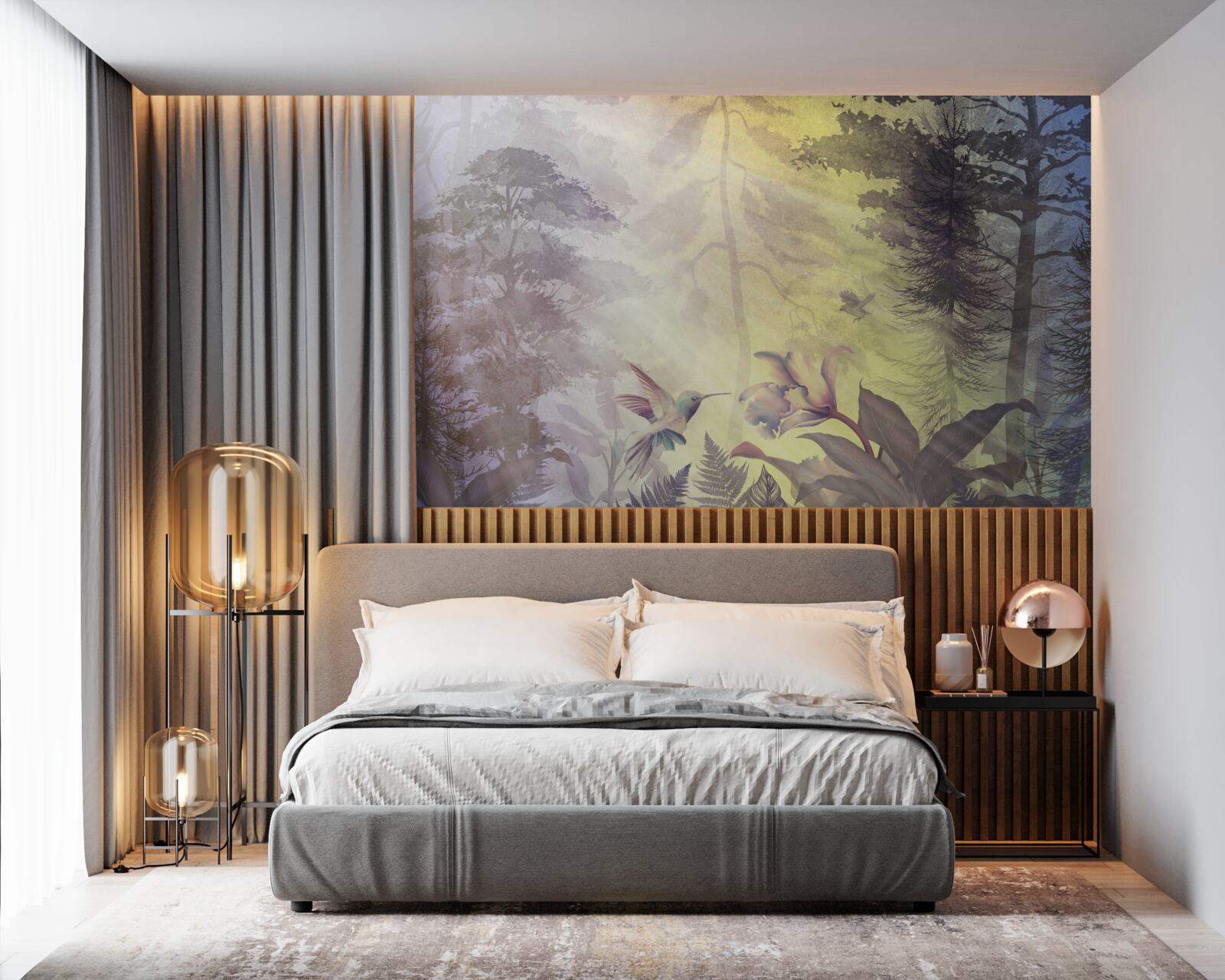 Fotobehang een bos loofbomen onder zonnestralen