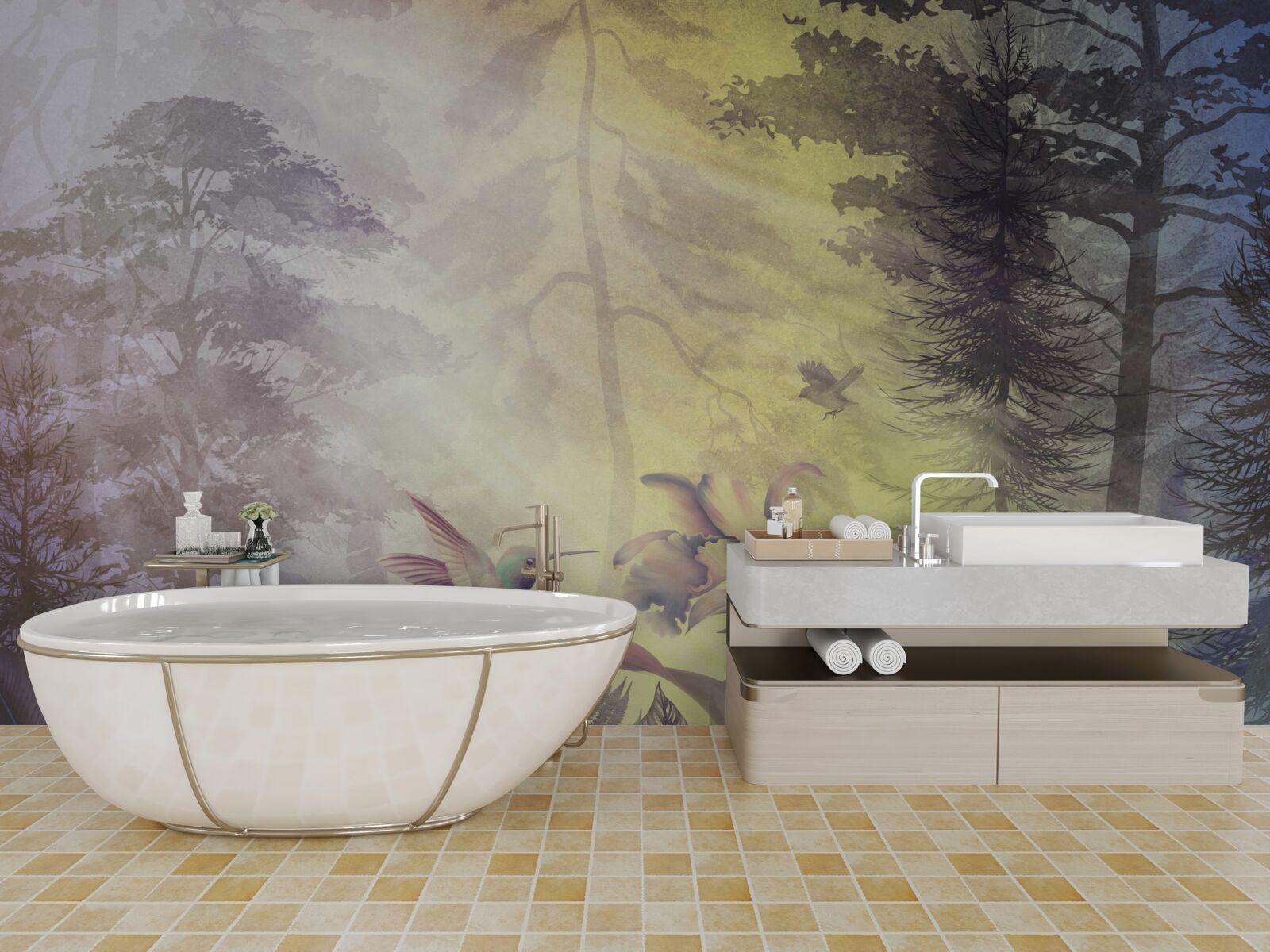 Fotobehang een bos loofbomen onder zonnestralen