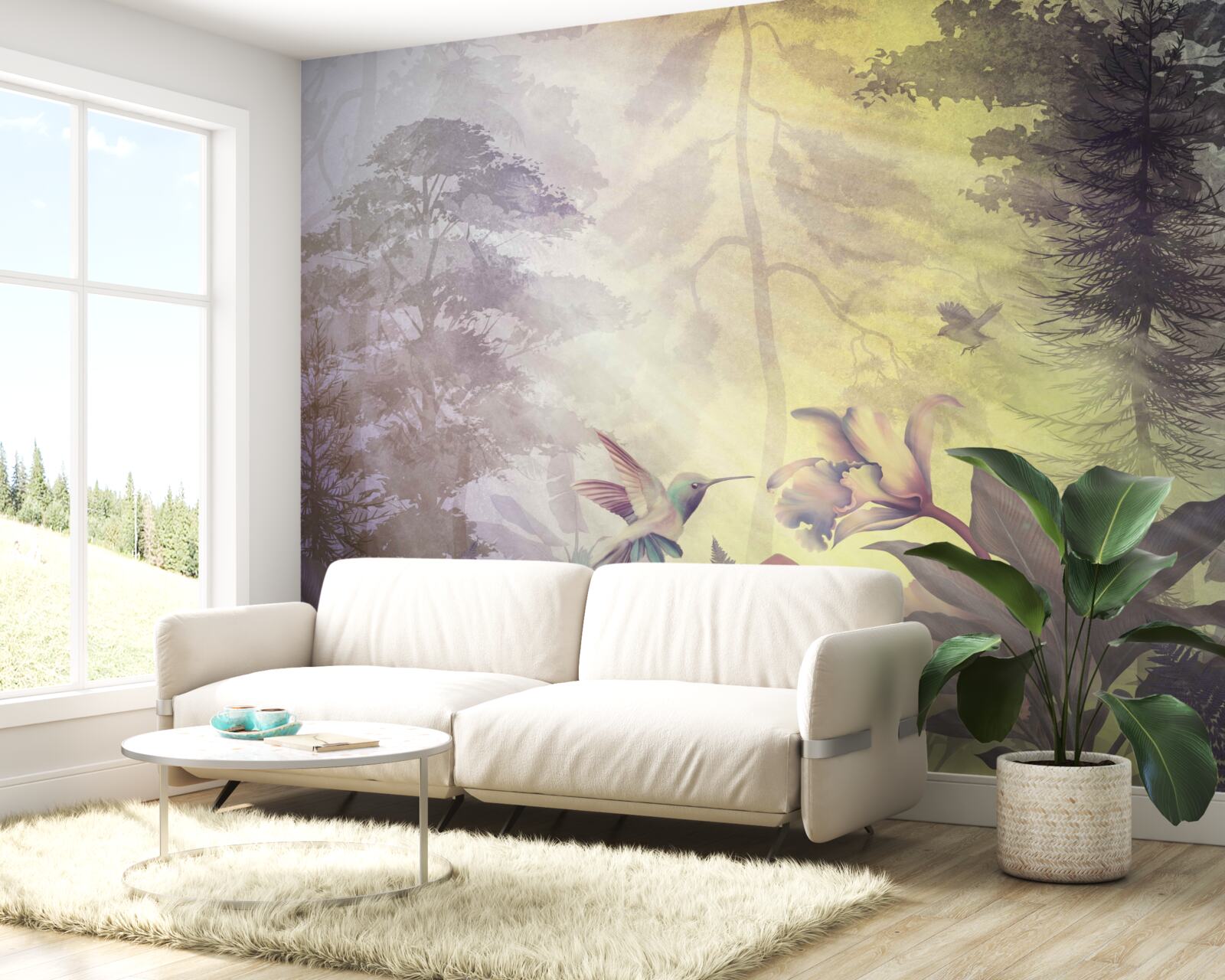 Fotobehang een bos loofbomen onder zonnestralen