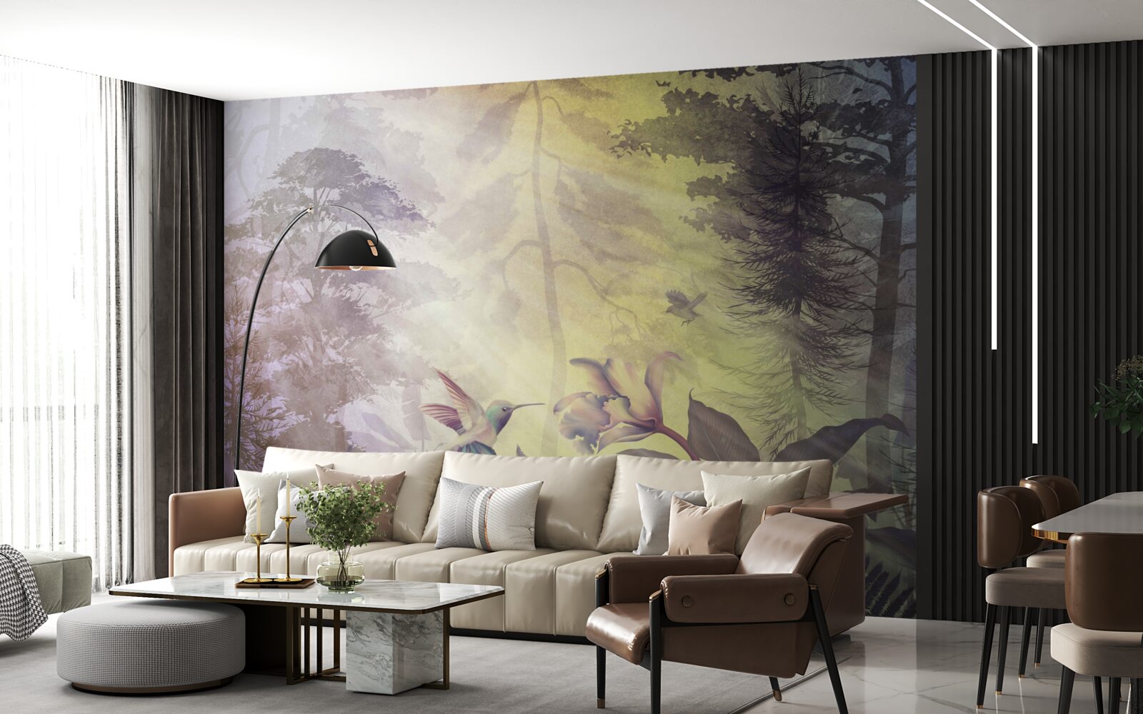 Fotobehang een bos loofbomen onder zonnestralen