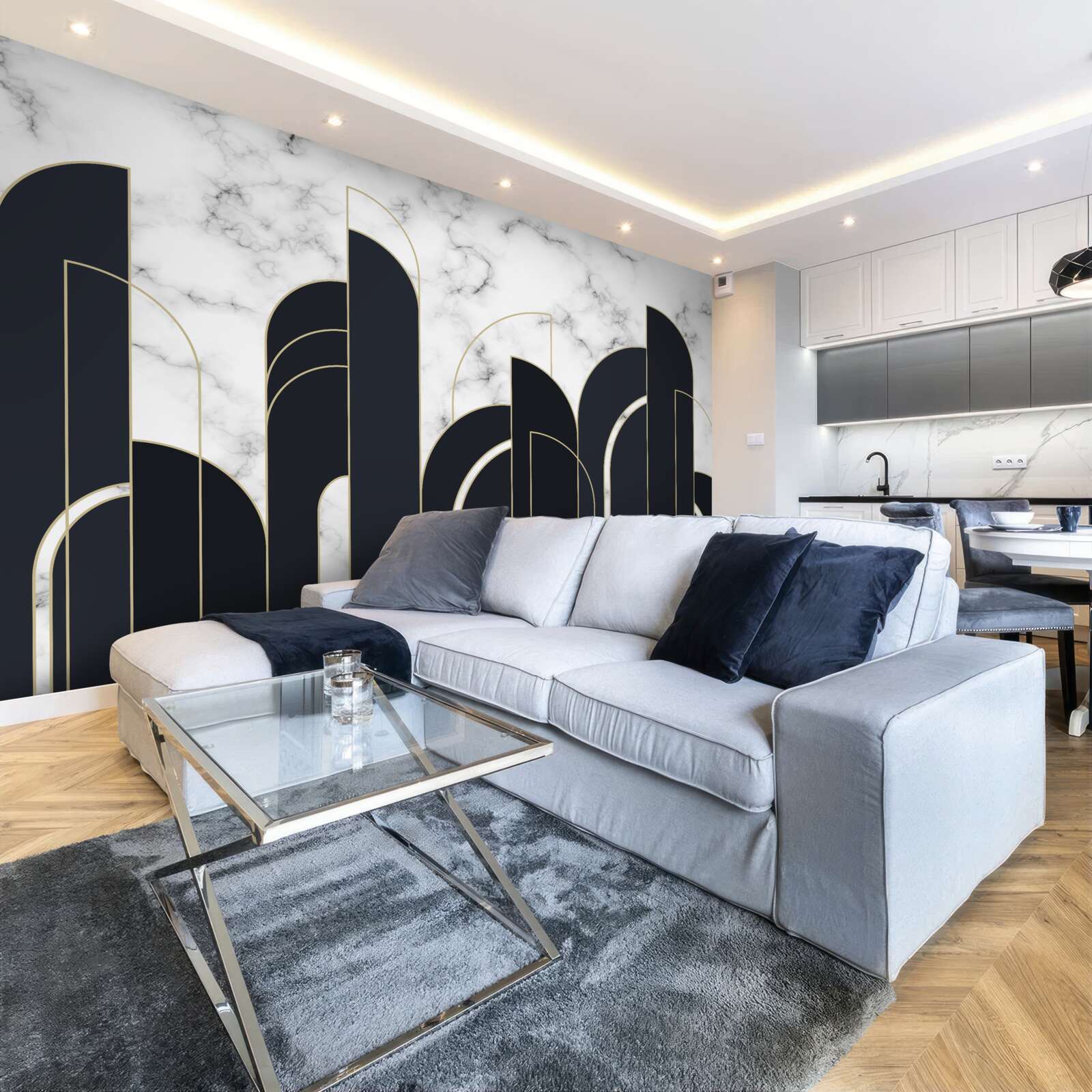 Fotobehang verticale zwarte lijnen op het grijze welkomstscherm