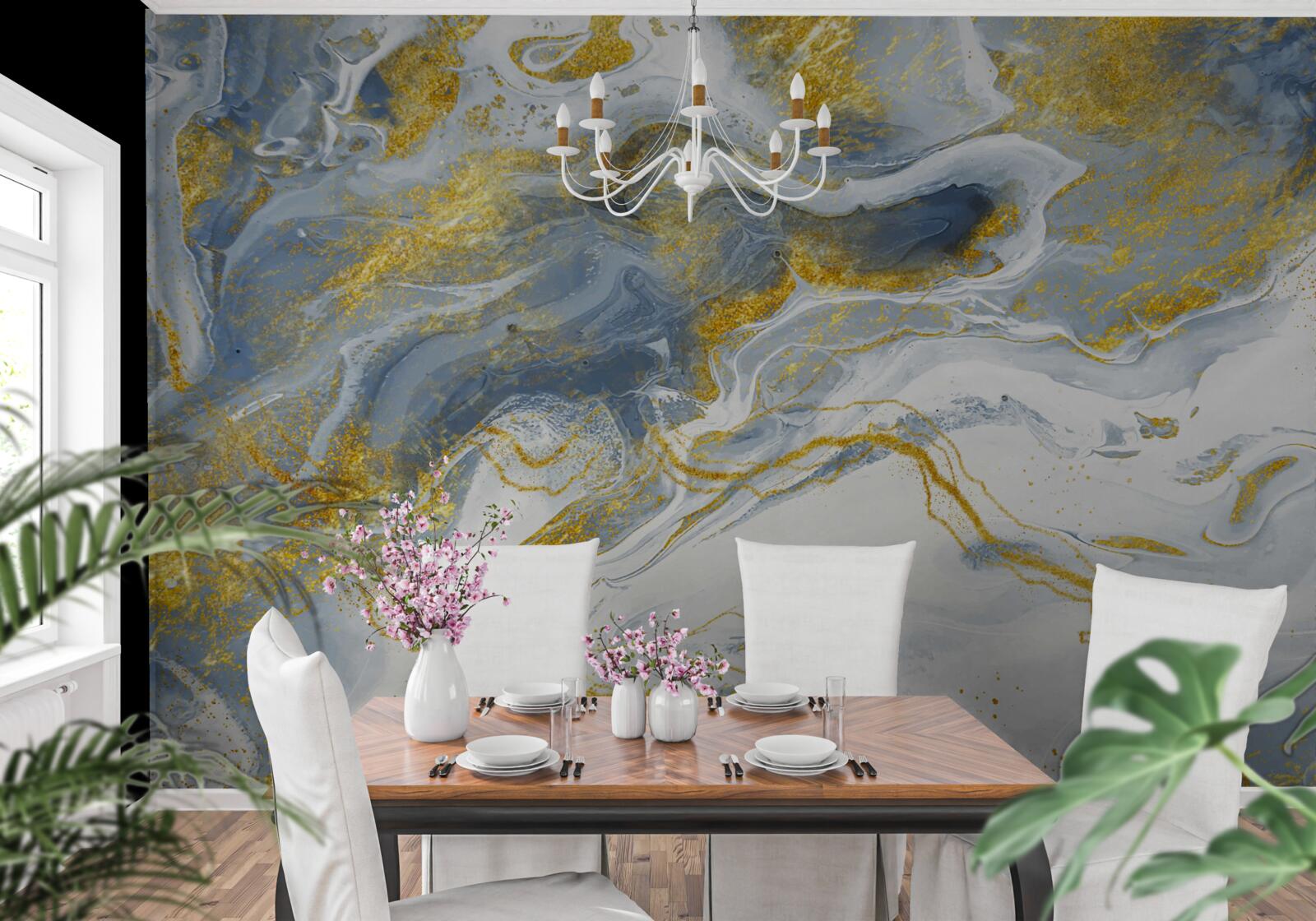 Fotobehang blauw marmer met goudinleg