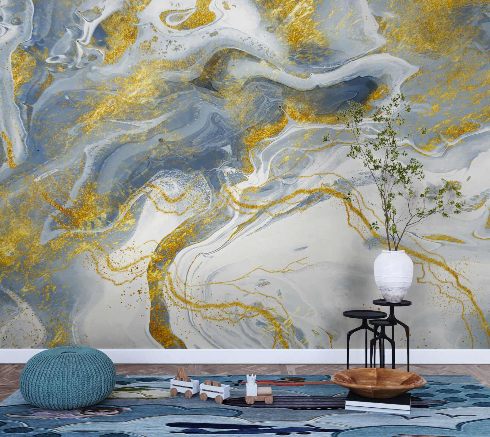 Fotobehang blauw marmer met goudinleg