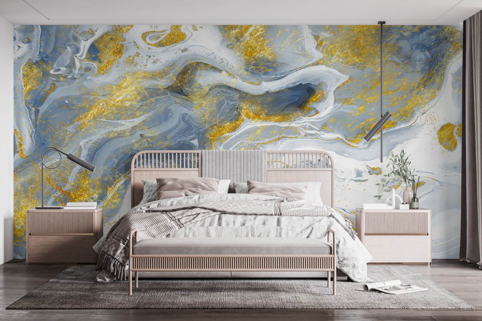 Fotobehang blauw marmer met goudinleg