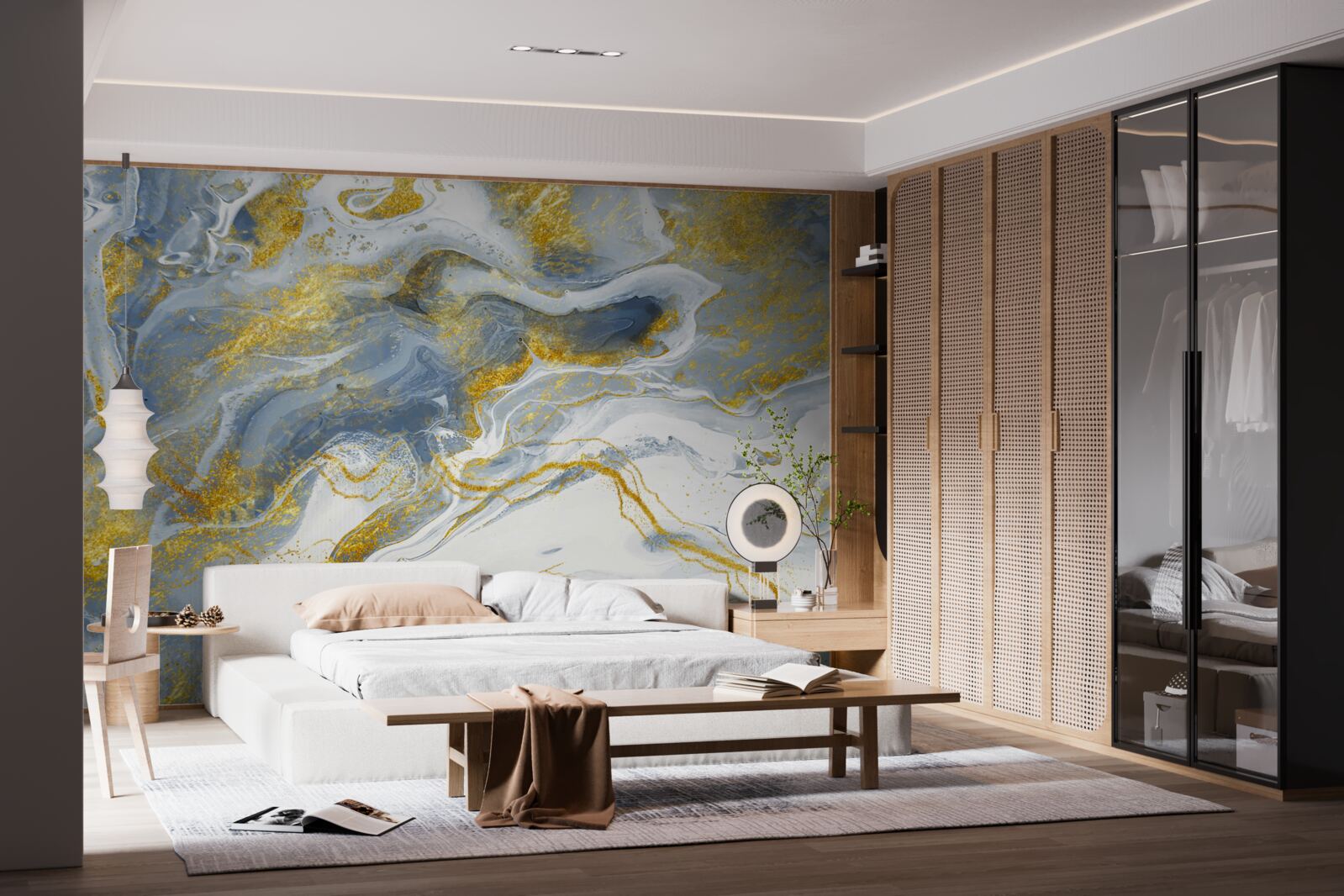 Fotobehang blauw marmer met goudinleg