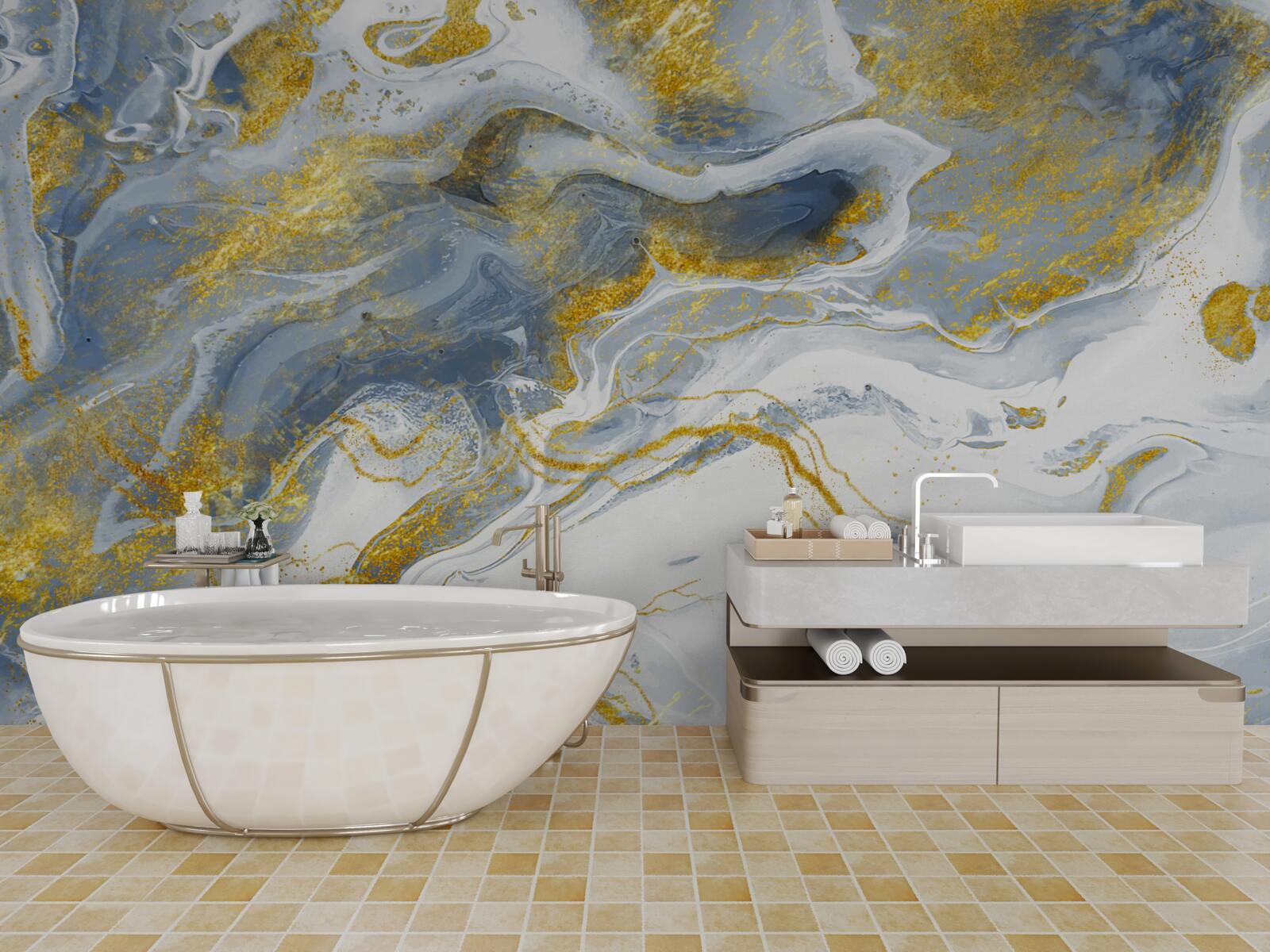 Fotobehang blauw marmer met goudinleg