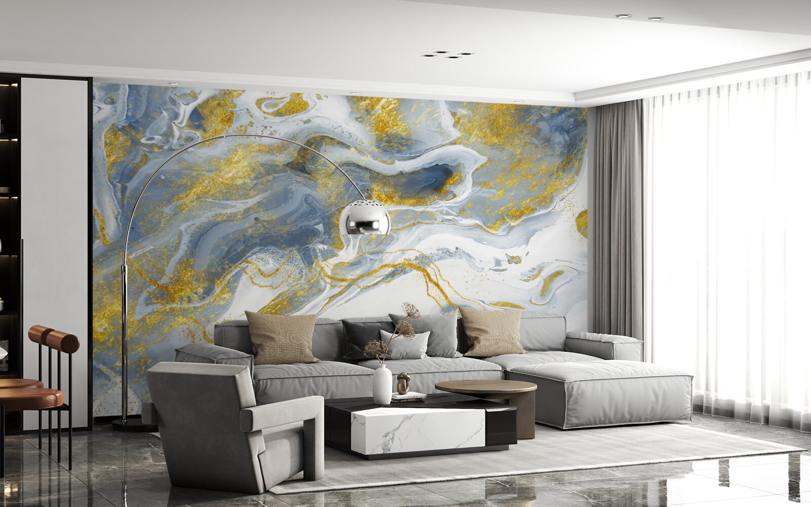 Fotobehang blauw marmer met goudinleg