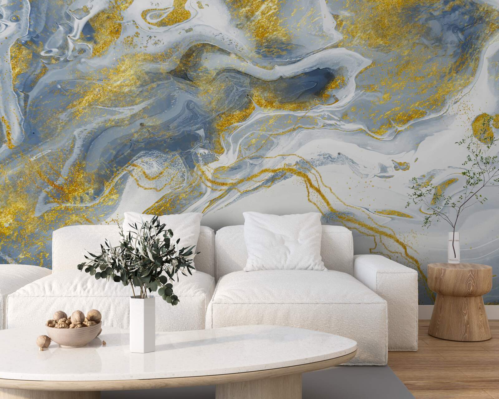 Fotobehang blauw marmer met goudinleg