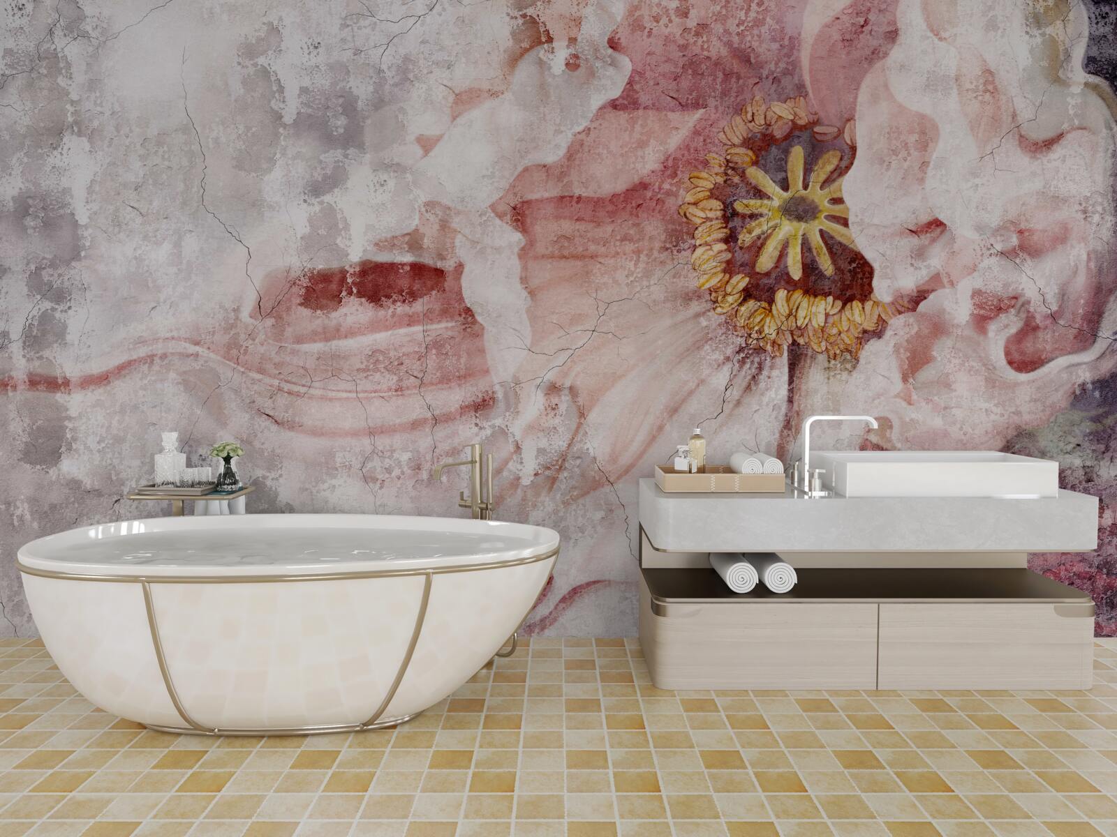 Fotobehang verbazingwekkende bloem op een betonnen muur