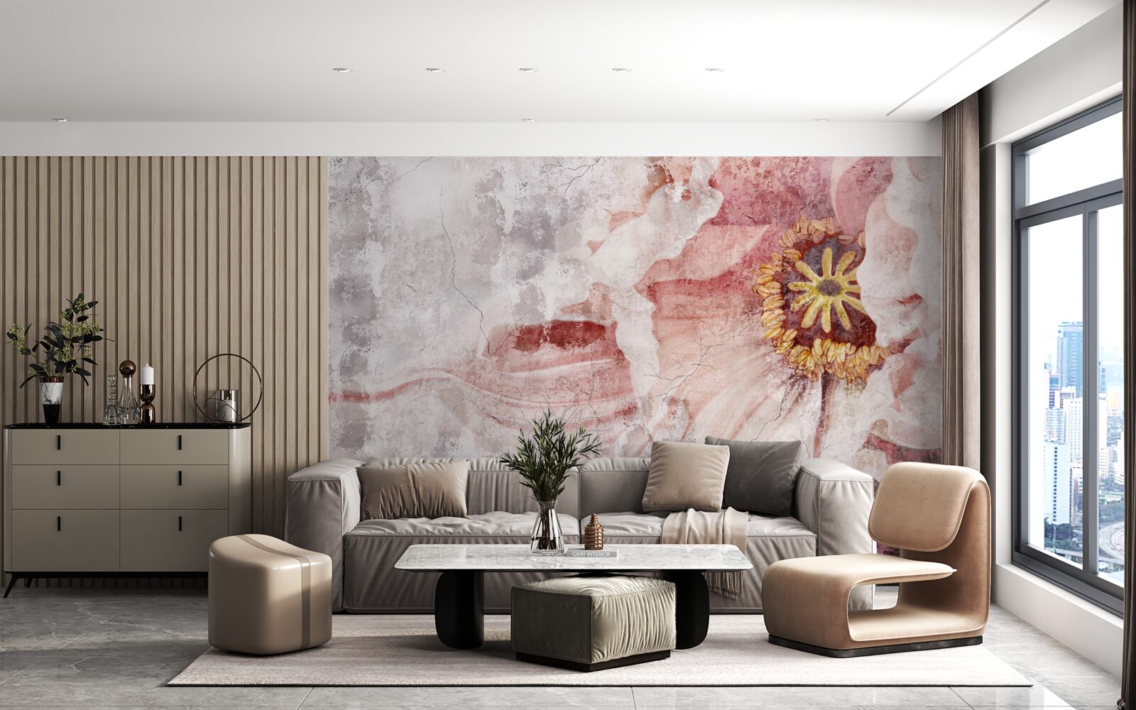 Fotobehang verbazingwekkende bloem op een betonnen muur