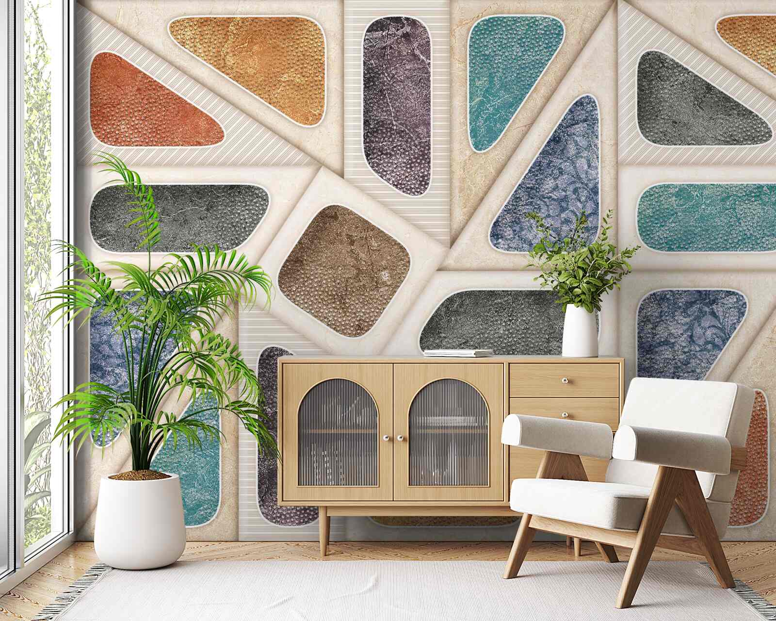 Fotobehang paneel samengesteld uit verschillende kleuren in mozaïekstijl