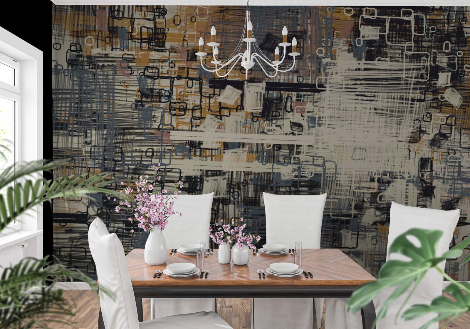 Fotobehang constructie bestaande uit geometrische vormen van rechthoekige vorm en verschillende tinten