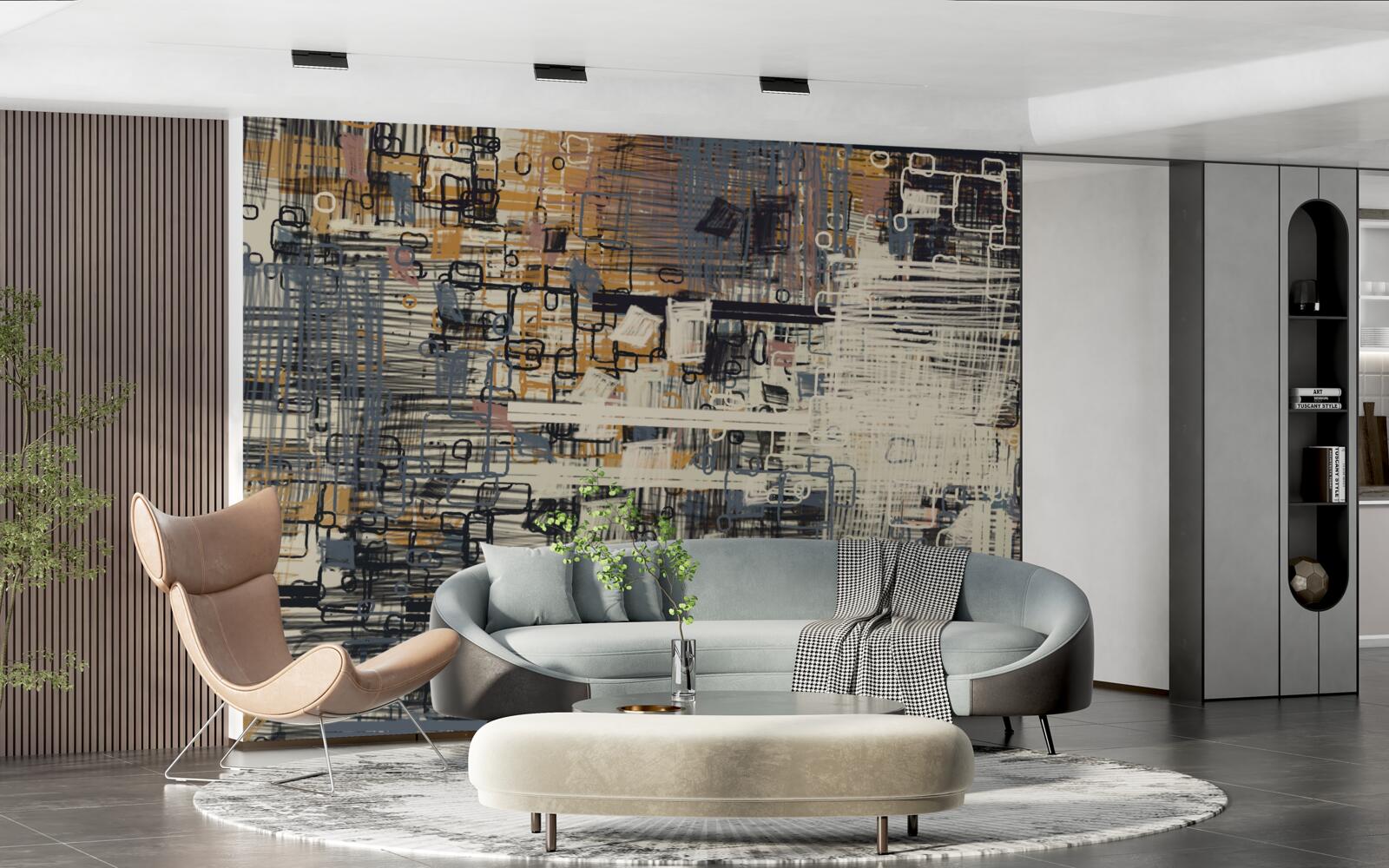 Fotobehang constructie bestaande uit geometrische vormen van rechthoekige vorm en verschillende tinten