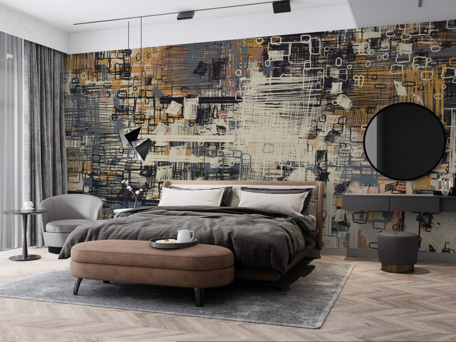 Fotobehang constructie bestaande uit geometrische vormen van rechthoekige vorm en verschillende tinten