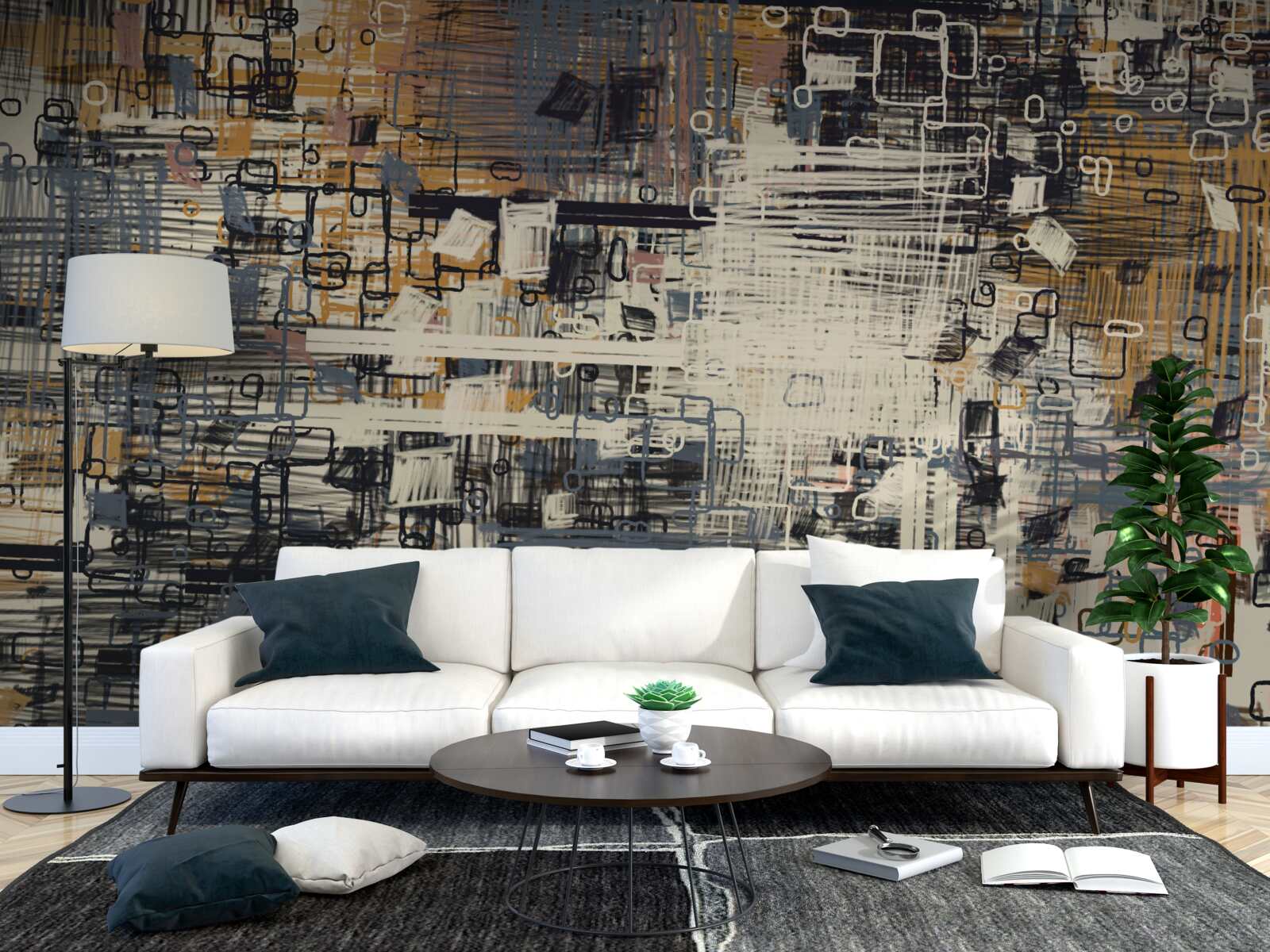 Fotobehang constructie bestaande uit geometrische vormen van rechthoekige vorm en verschillende tinten