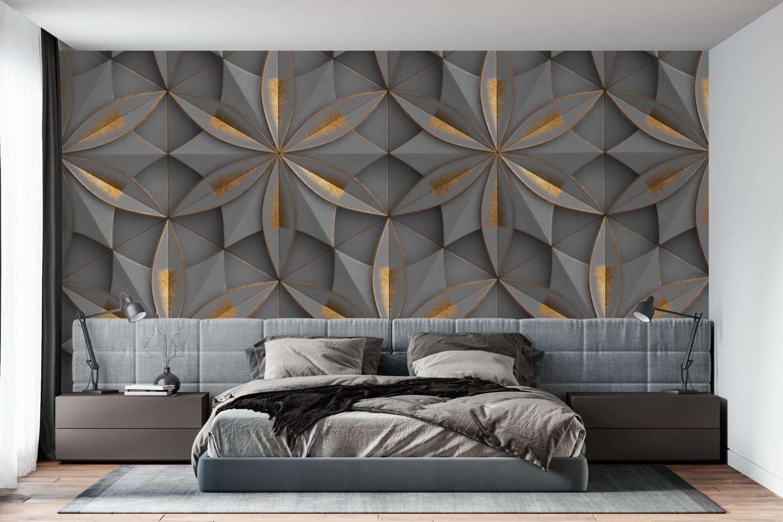 Fotobehang de bloemen zijn grijs van kleur met een gouden grondpatroon