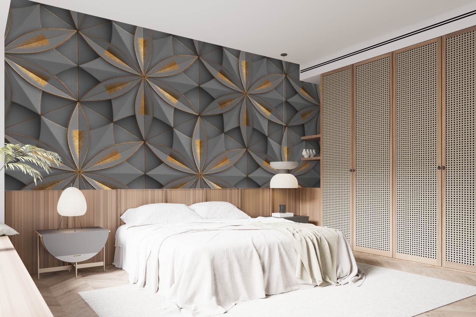 Fotobehang de bloemen zijn grijs van kleur met een gouden grondpatroon