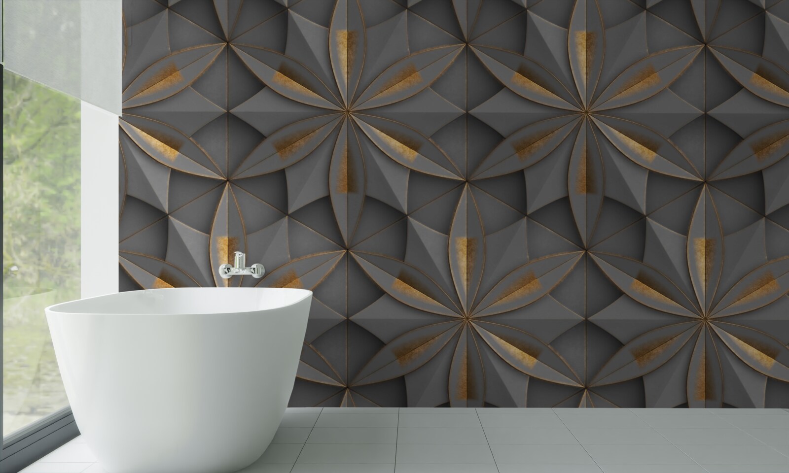 Fotobehang de bloemen zijn grijs van kleur met een gouden grondpatroon