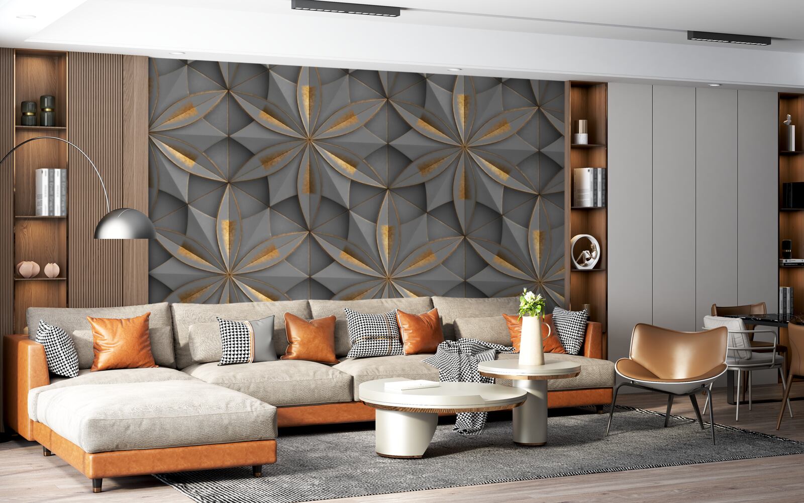 Fotobehang de bloemen zijn grijs van kleur met een gouden grondpatroon