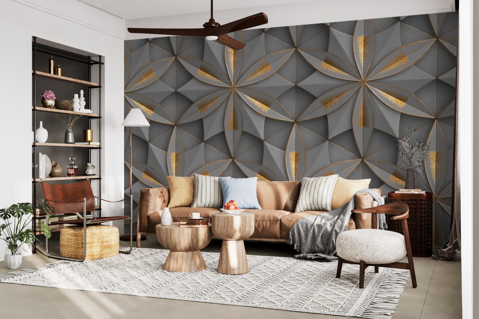 Fotobehang de bloemen zijn grijs van kleur met een gouden grondpatroon