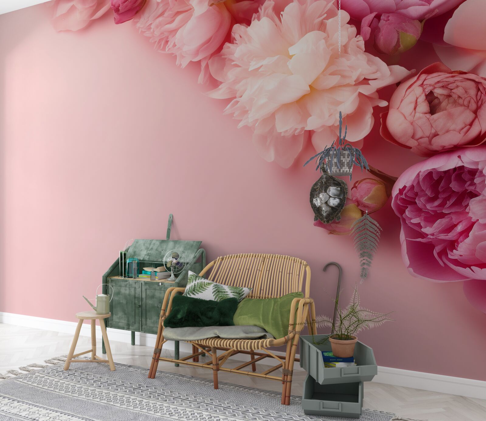 Fotobehang verschillende roze bloemen op een achtergrond van dezelfde tint