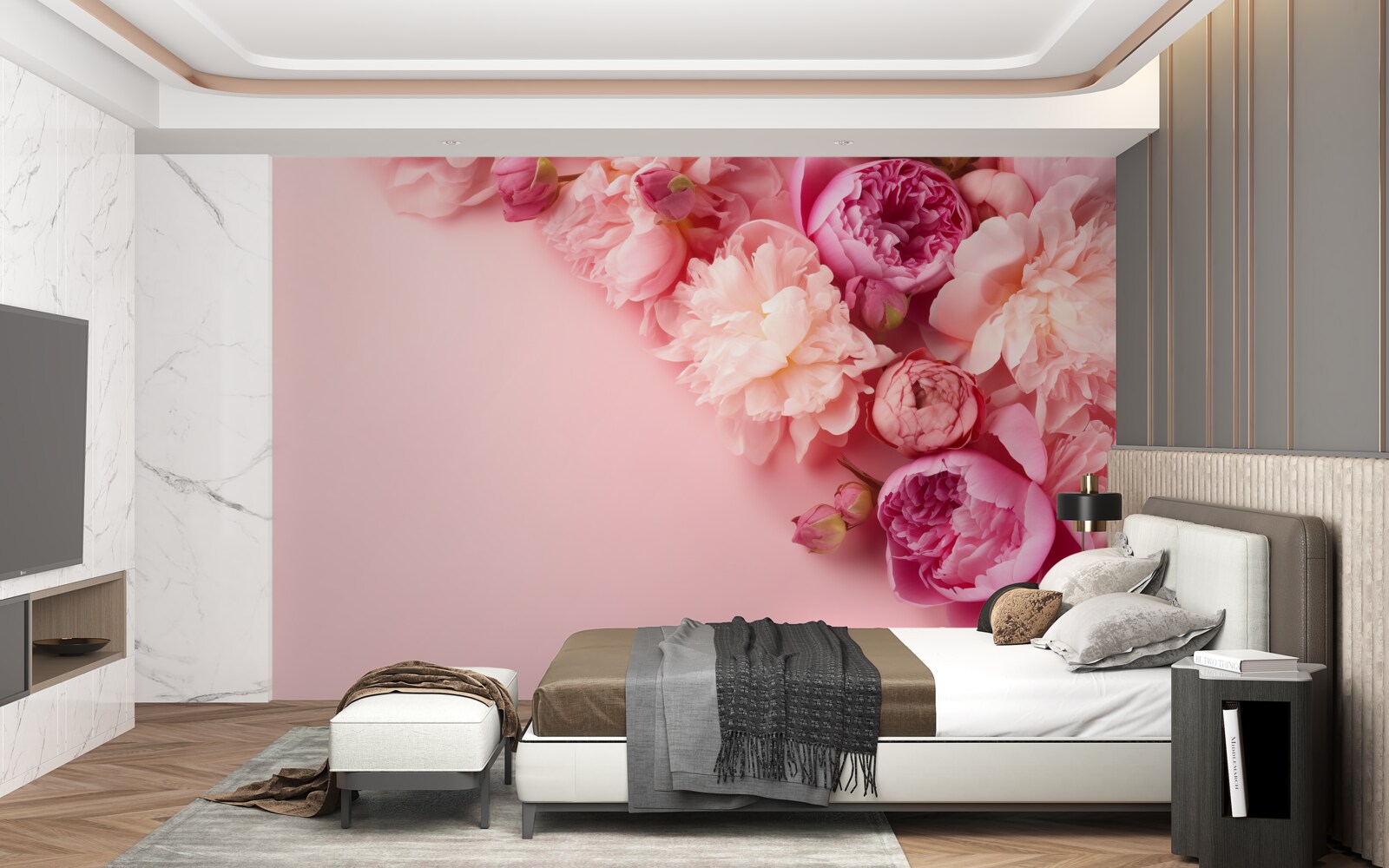 Fotobehang verschillende roze bloemen op een achtergrond van dezelfde tint