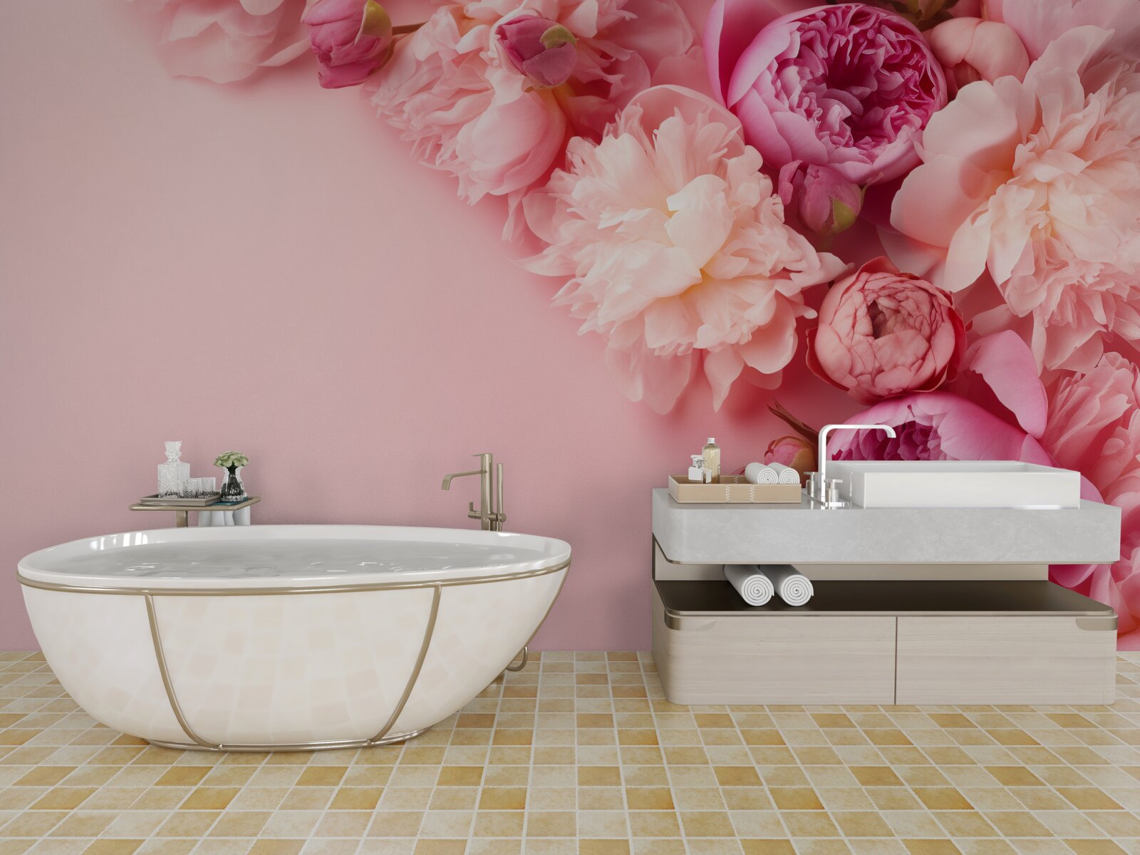 Fotobehang verschillende roze bloemen op een achtergrond van dezelfde tint