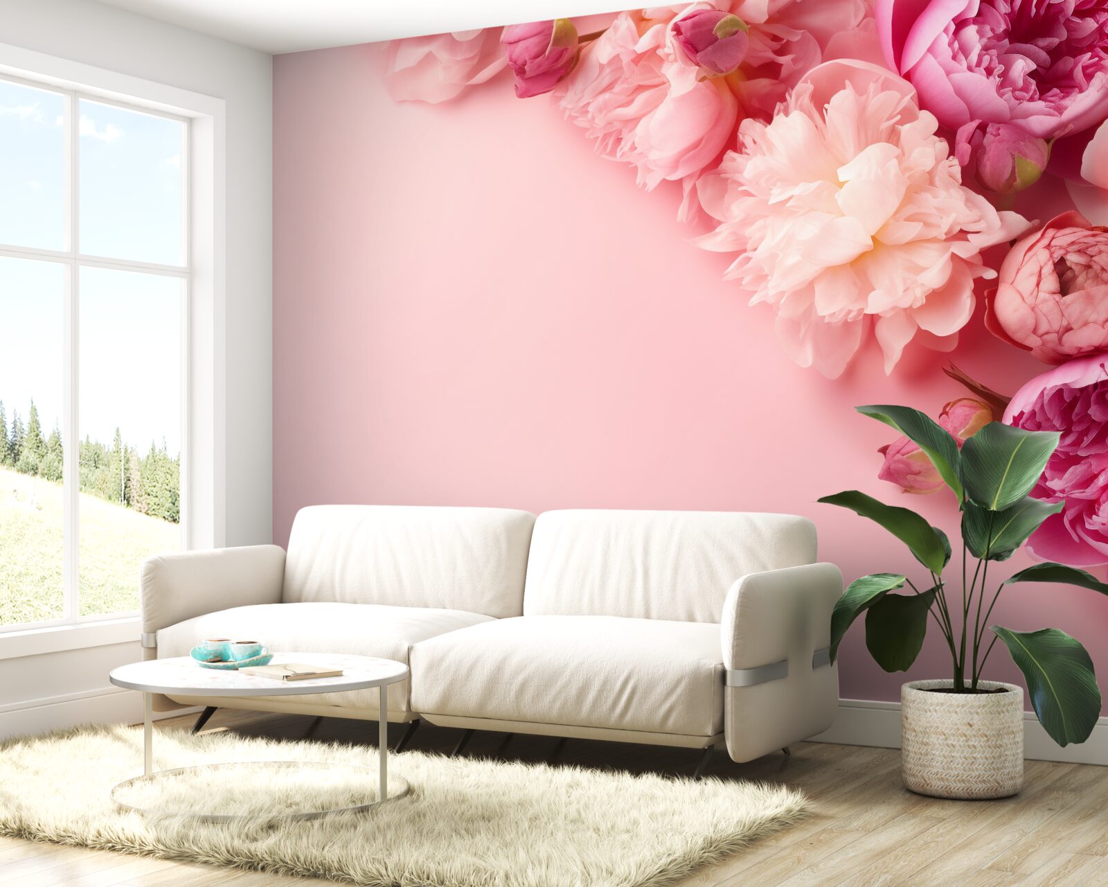 Fotobehang verschillende roze bloemen op een achtergrond van dezelfde tint