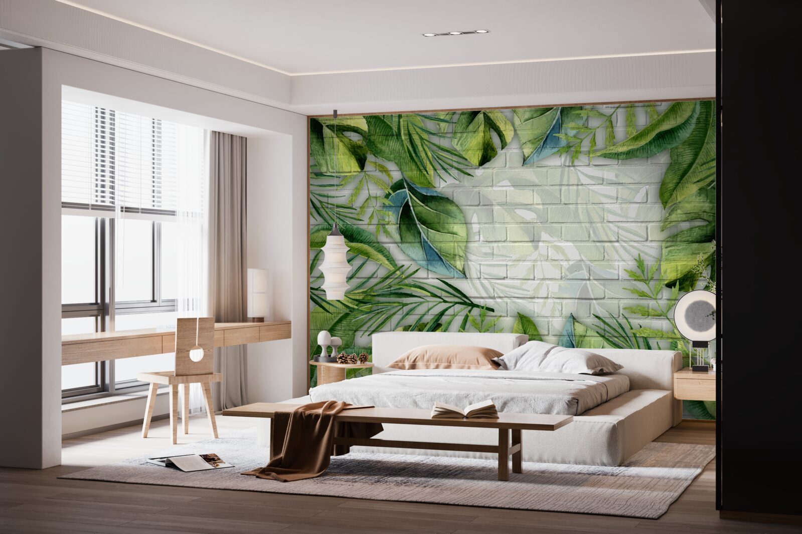 Fotobehang tropisch groen op een bakstenen muur