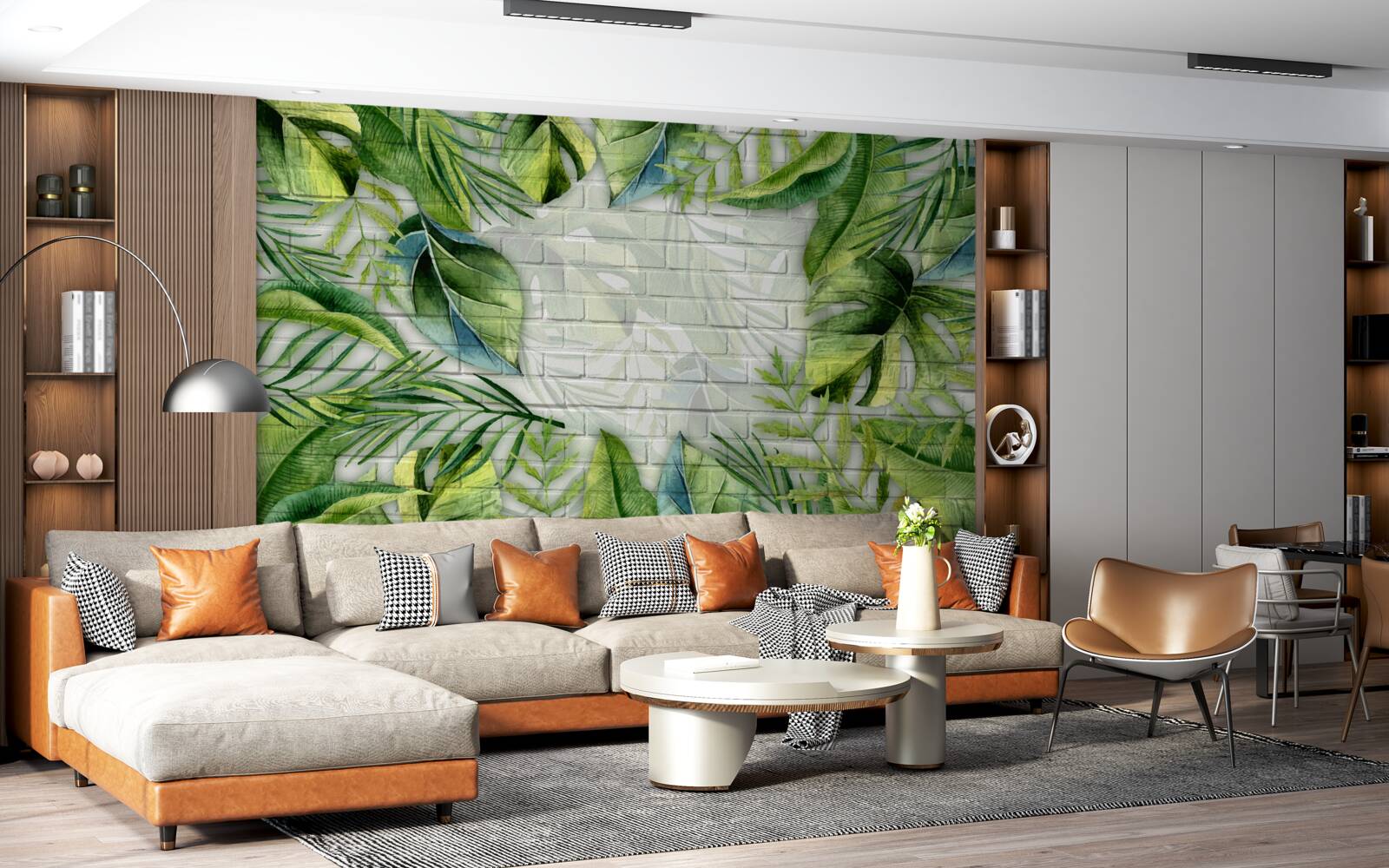 Fotobehang tropisch groen op een bakstenen muur