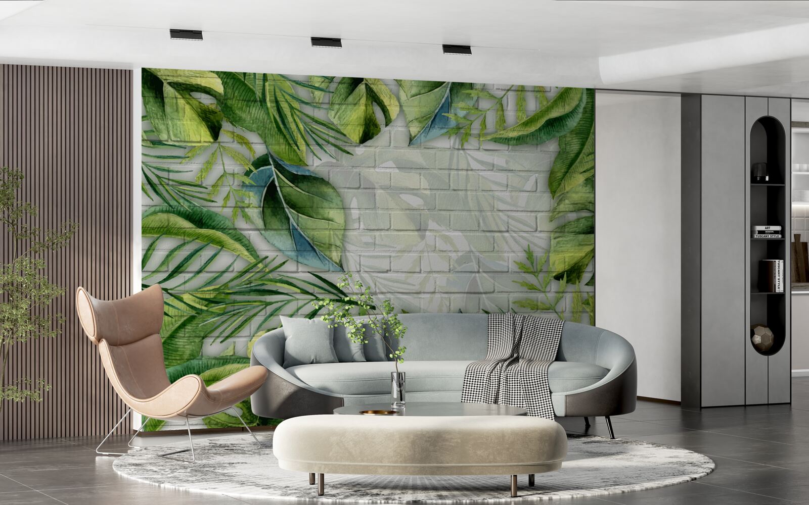 Fotobehang tropisch groen op een bakstenen muur