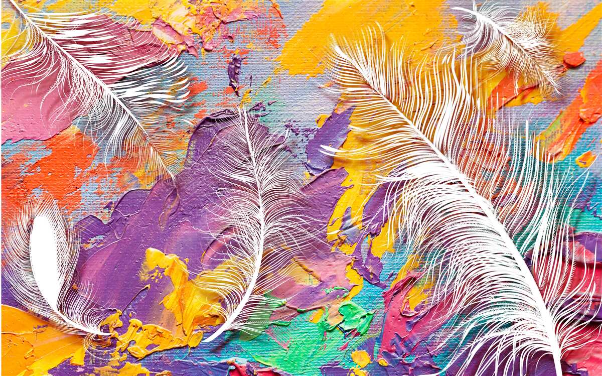 Fotobehang intense tinten en witte veren