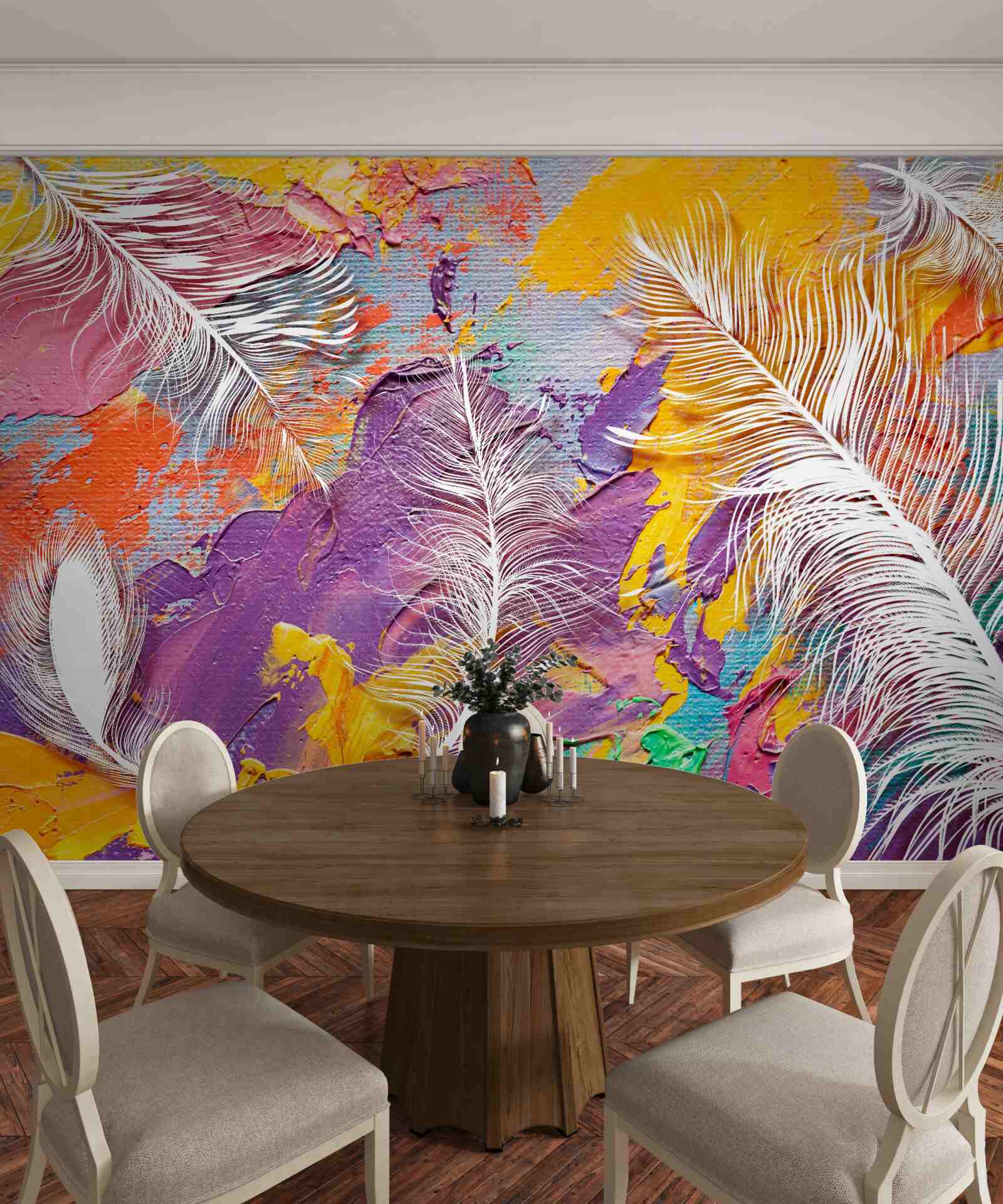 Fotobehang intense tinten en witte veren