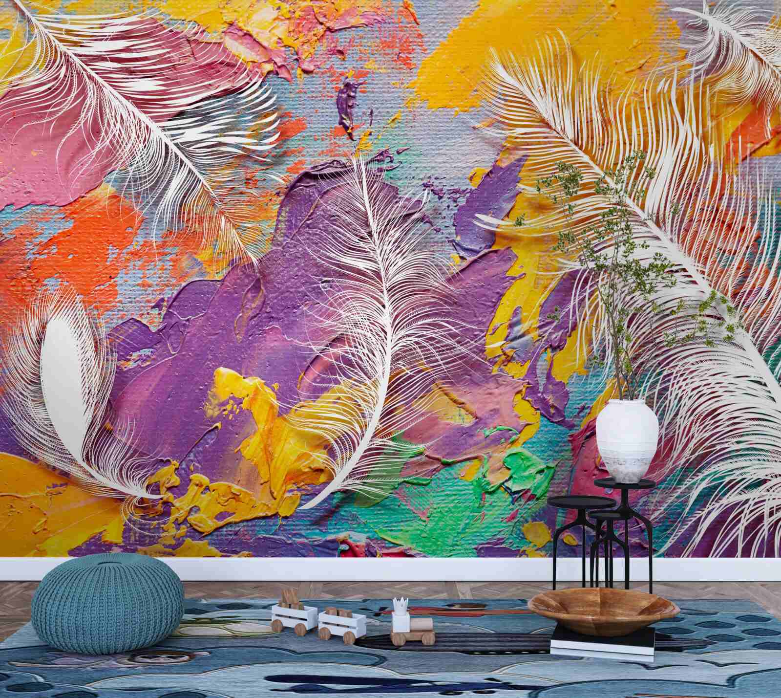 Fotobehang intense tinten en witte veren