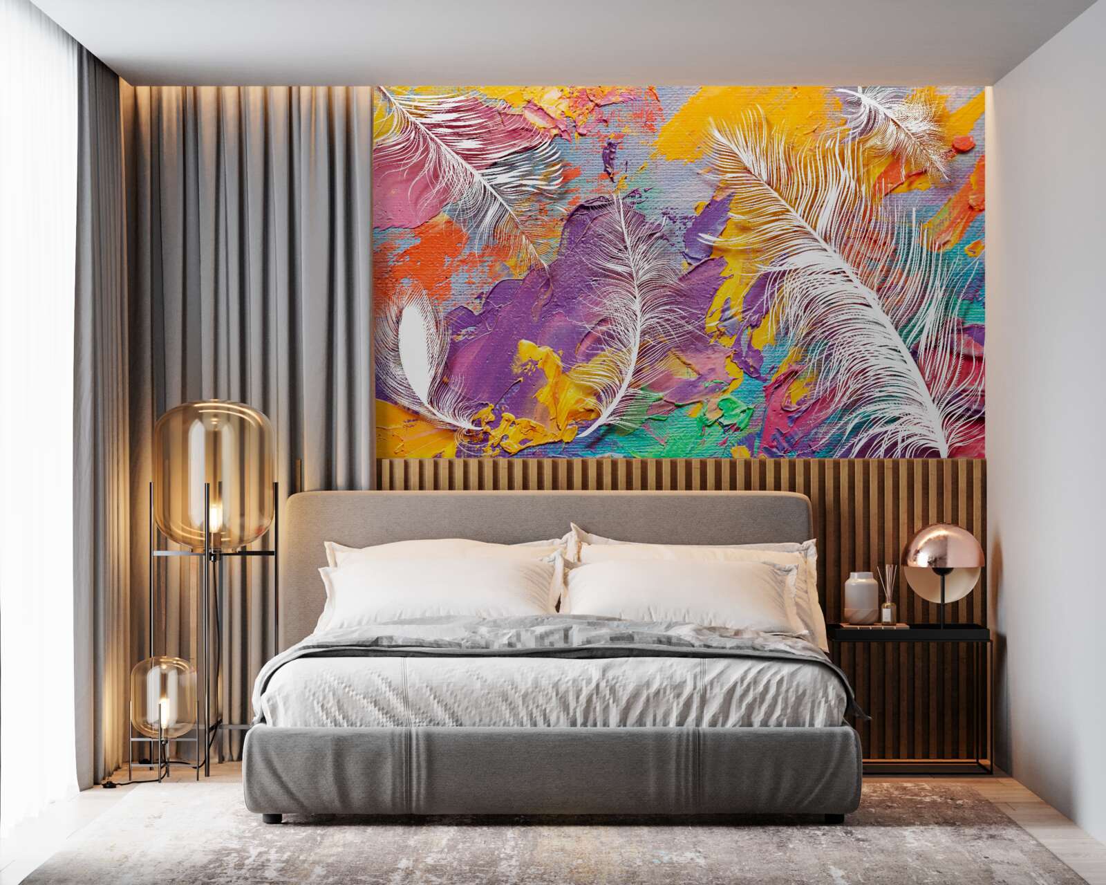 Fotobehang intense tinten en witte veren