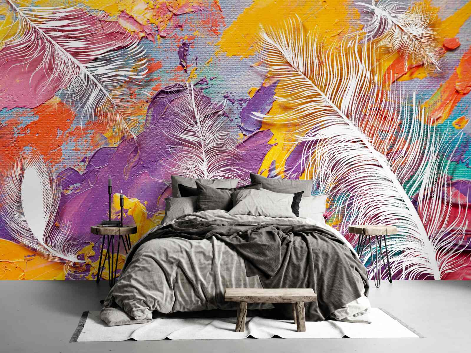 Fotobehang intense tinten en witte veren