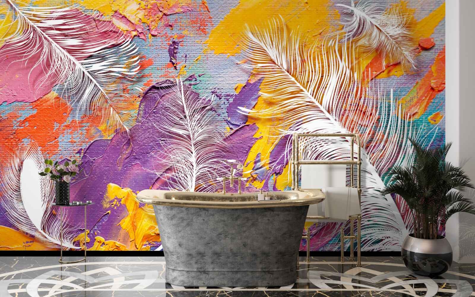 Fotobehang intense tinten en witte veren