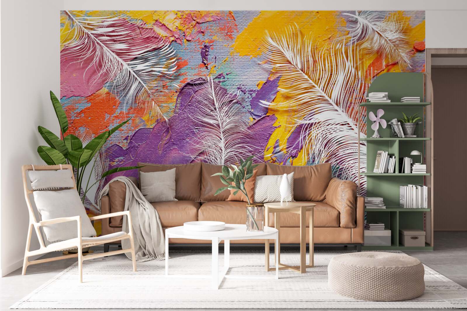 Fotobehang intense tinten en witte veren