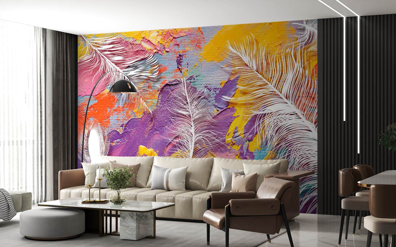 Fotobehang intense tinten en witte veren