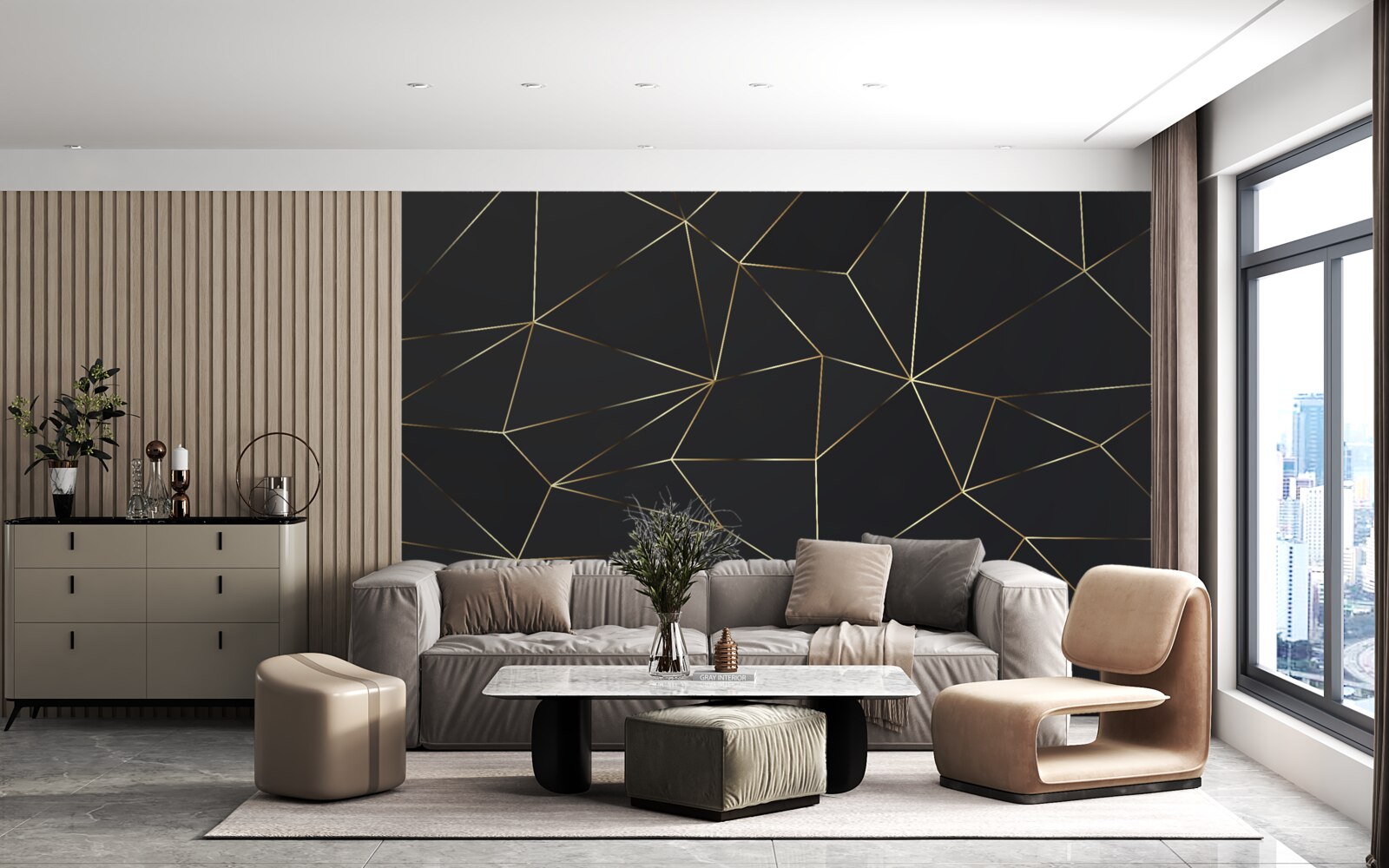 Fotobehang geometrische vormen met gouden randen