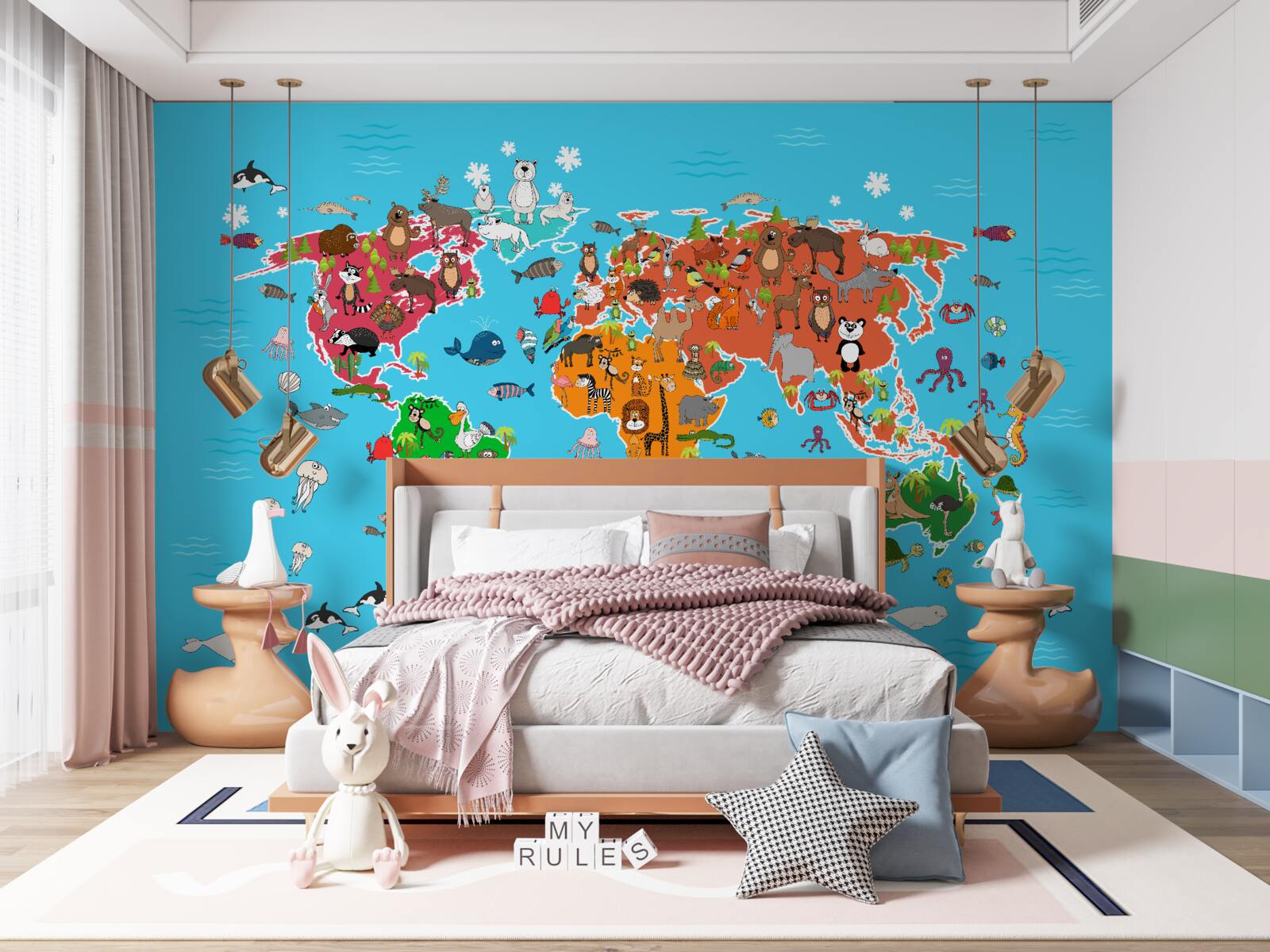 Fotobehang grote verscheidenheid aan dieren op een wereldkaart met levendige details